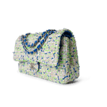 CHANEL Handbag Classic Flap / White 23S White Blue Green Tweed Quilted Classic Flap Medium - Redeluxe