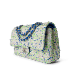 CHANEL Handbag Classic Flap / White 23S White Blue Green Tweed Quilted Classic Flap Medium - Redeluxe