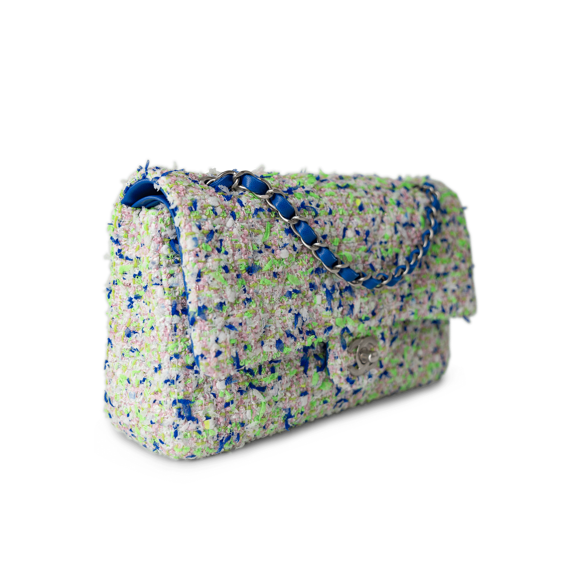 CHANEL Handbag Classic Flap / White 23S White Blue Green Tweed Quilted Classic Flap Medium - Redeluxe