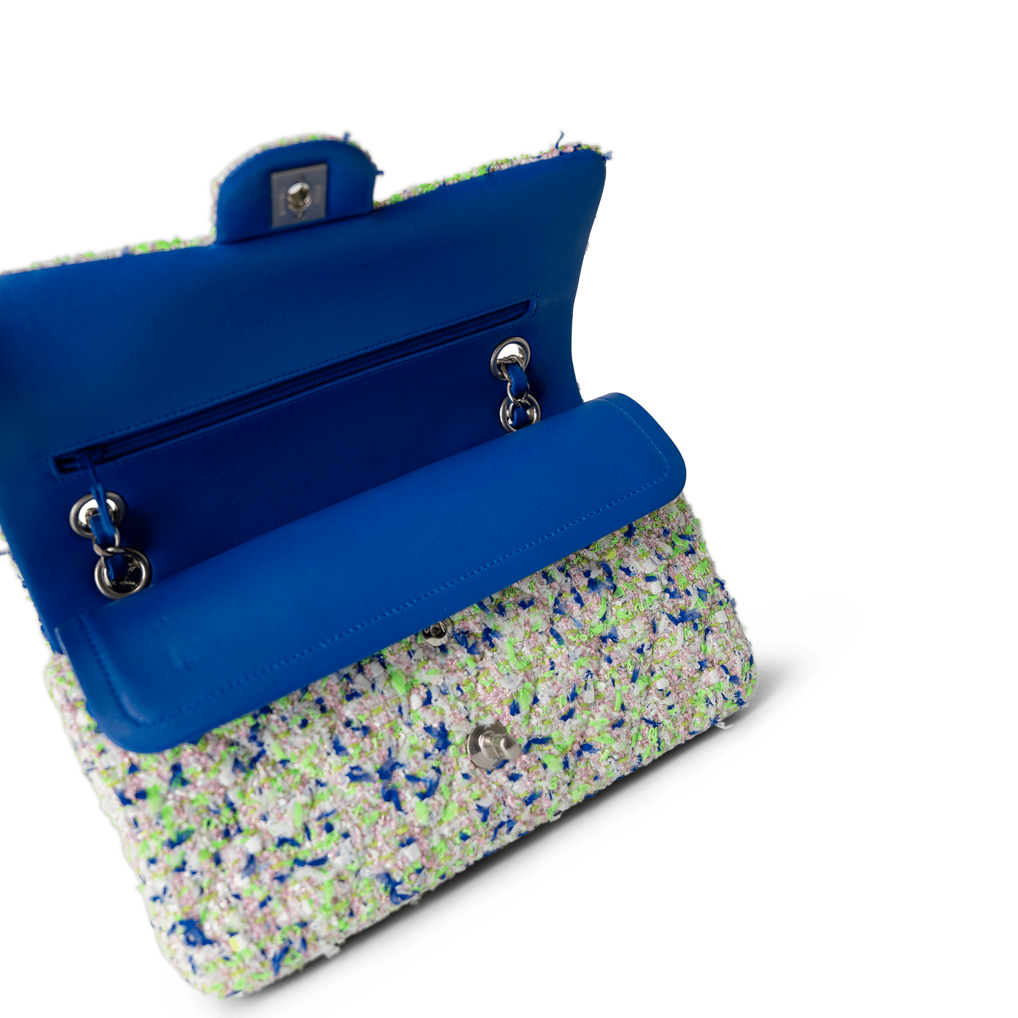 CHANEL Handbag Classic Flap / White 23S White Blue Green Tweed Quilted Classic Flap Medium - Redeluxe