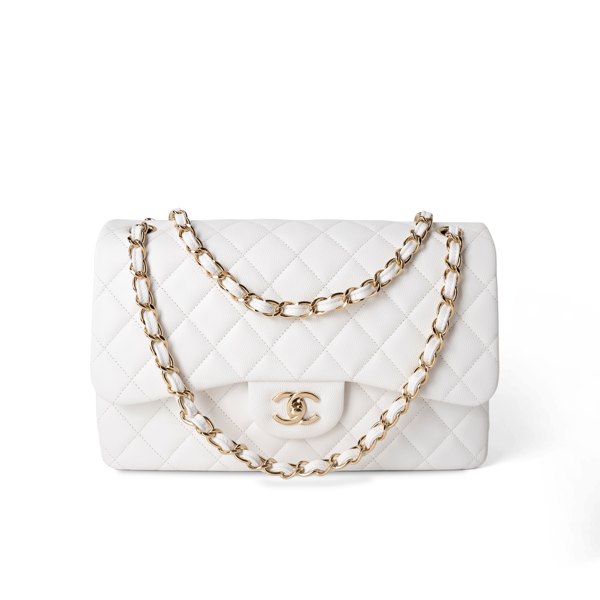 CHANEL Handbag Classic Flap / White White Caviar Quilted Jumbo Classic Flap Light Gold Hardware - Redeluxe