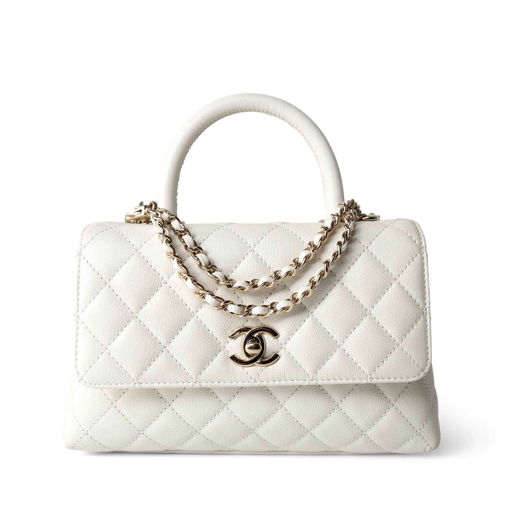 CHANEL Handbag Coco handle / White 21A White Caviar Quilted Coco Handle Small Light Gold Hardware - Redeluxe