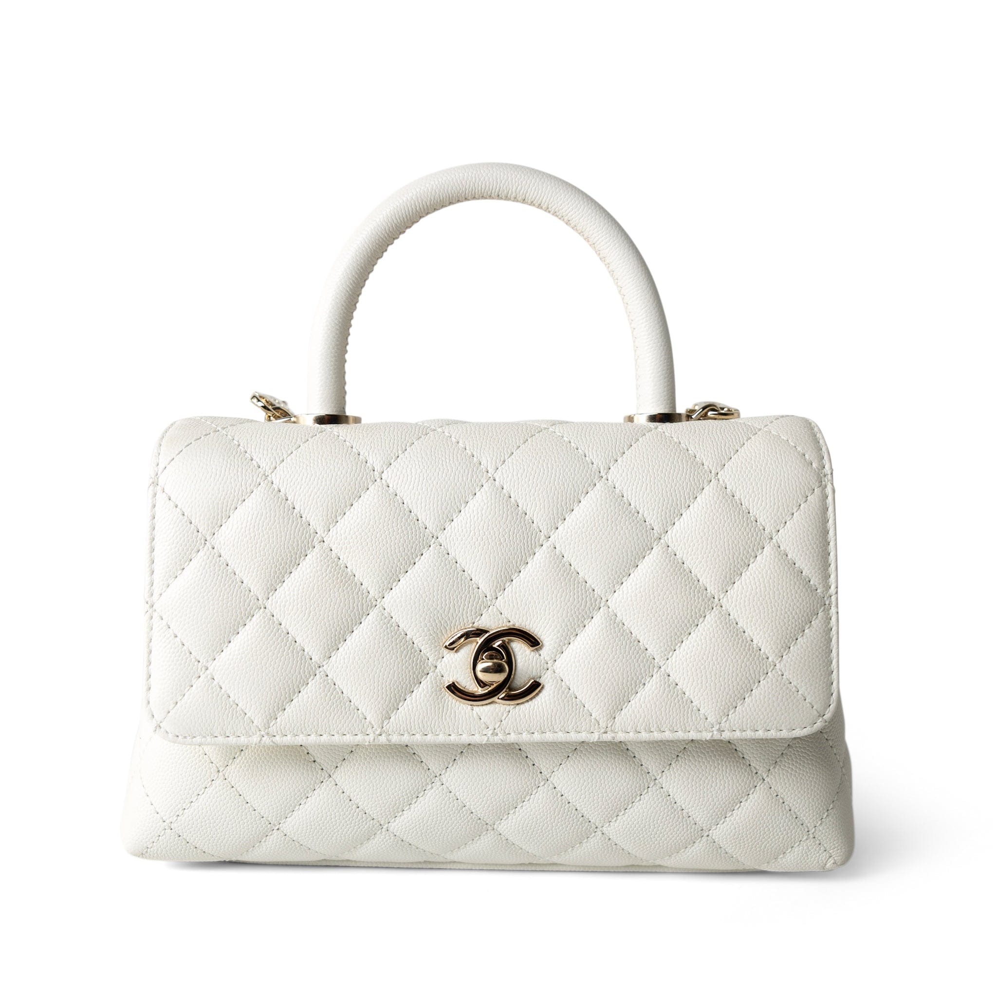 CHANEL Handbag Coco handle / White 21A White Caviar Quilted Coco Handle Small Light Gold Hardware - Redeluxe