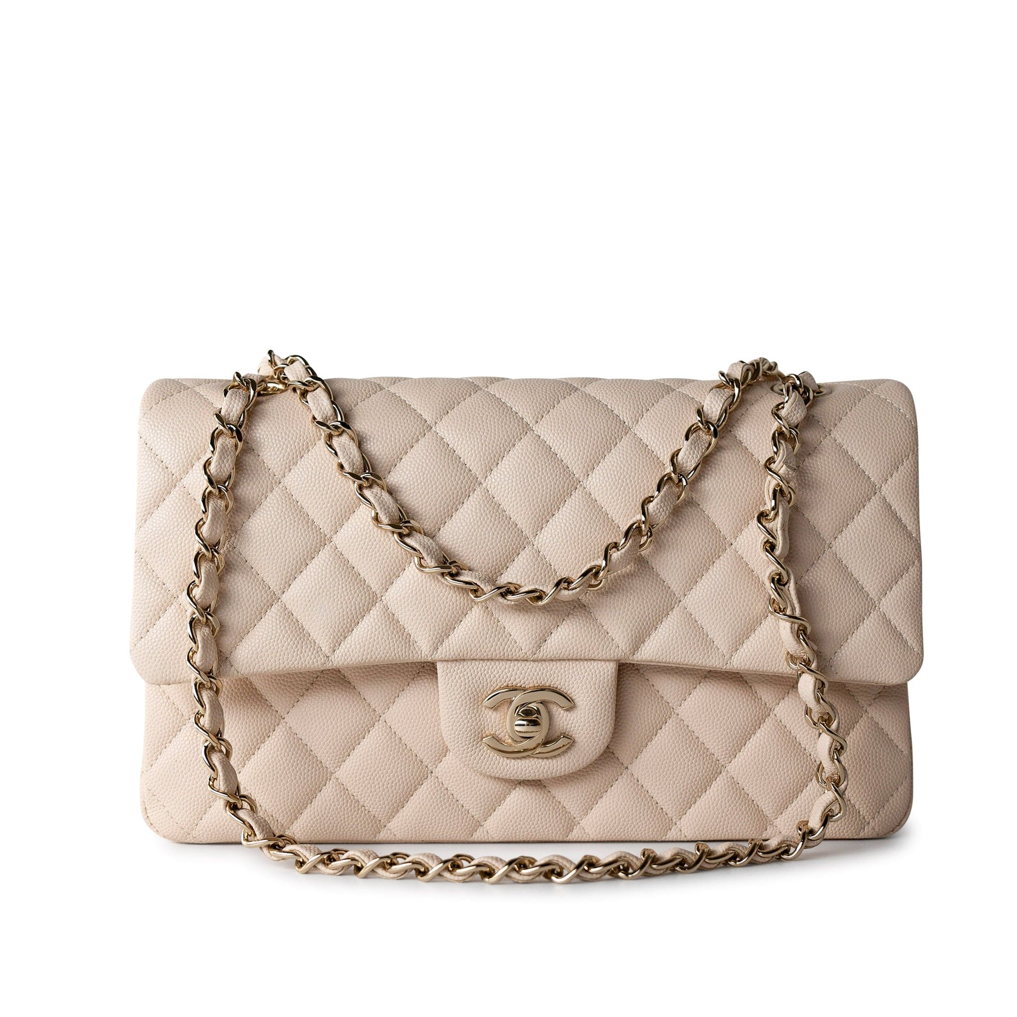 CHANEL Handbag Cream 20C Light Beige Caviar Quilted Classic Flap Medium Light Gold Hardware - Redeluxe