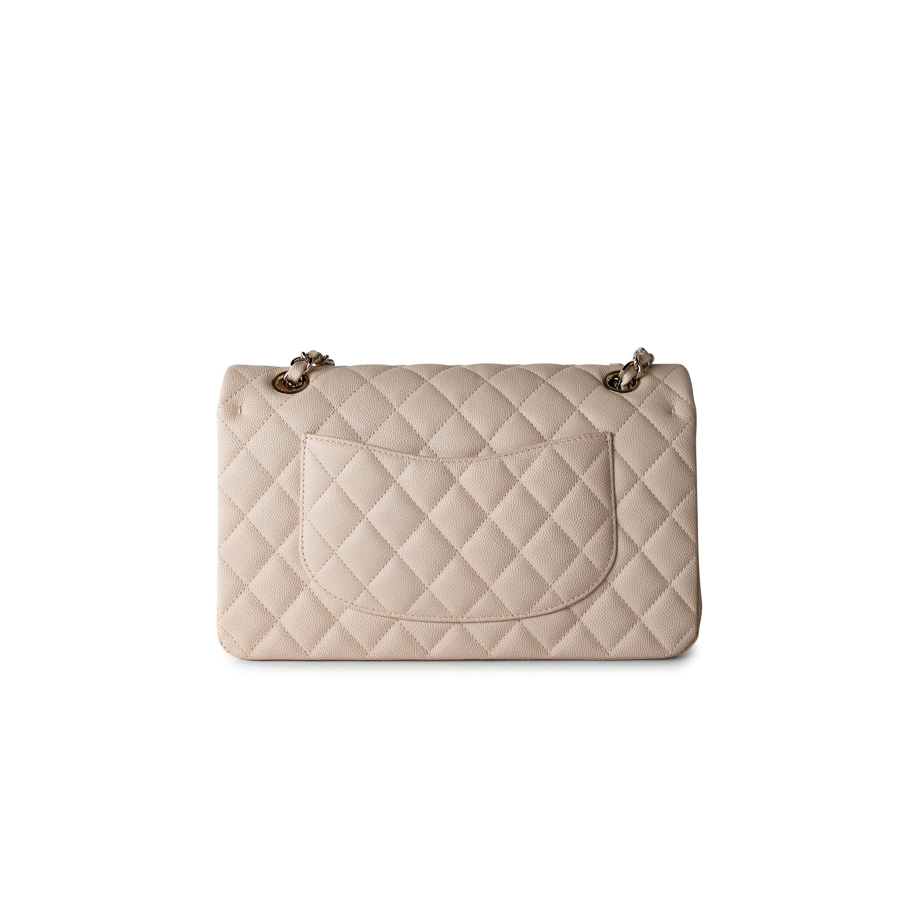 CHANEL Handbag Cream 20C Light Beige Caviar Quilted Classic Flap Medium Light Gold Hardware - Redeluxe