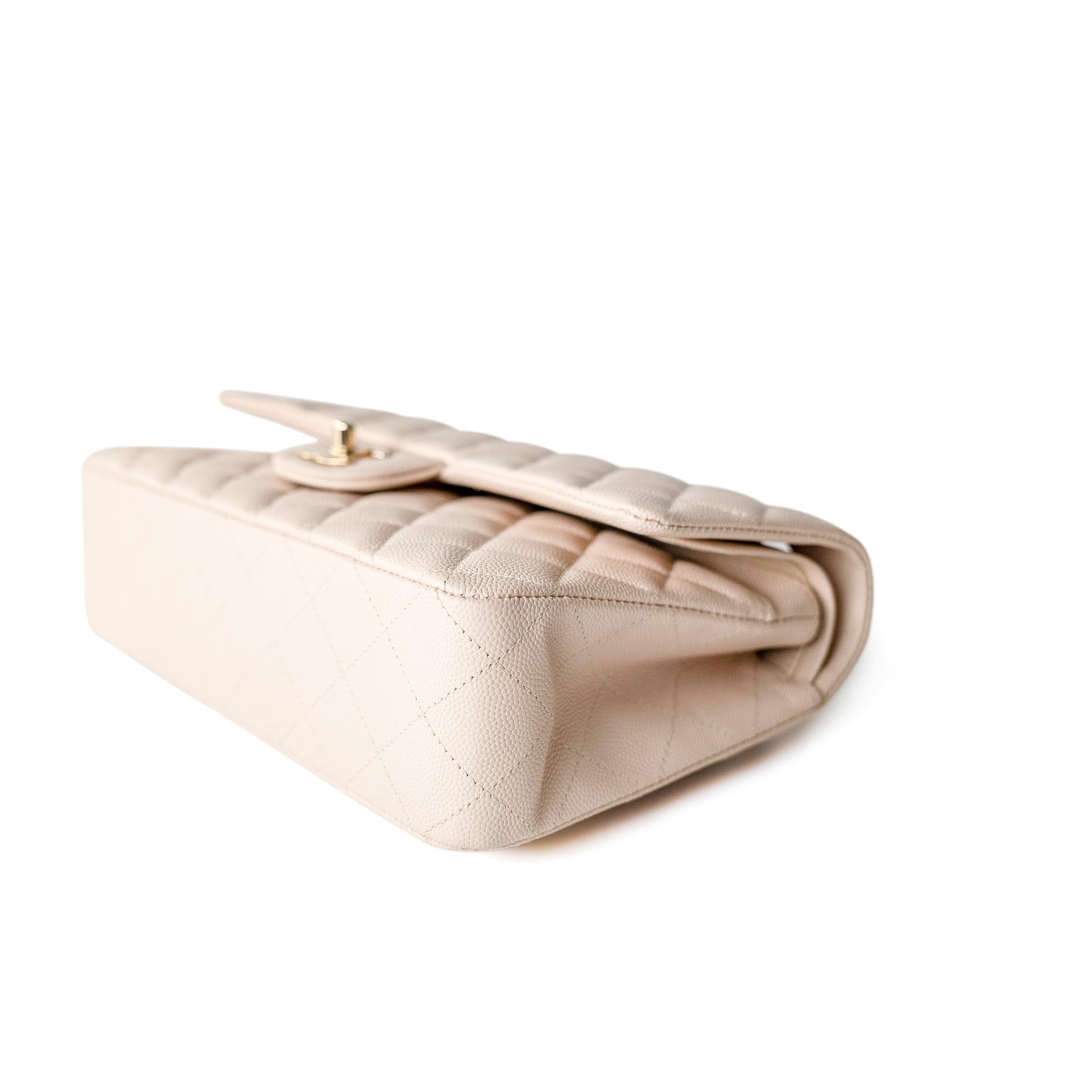 CHANEL Handbag Cream 20C Light Beige Caviar Quilted Classic Flap Medium Light Gold Hardware - Redeluxe