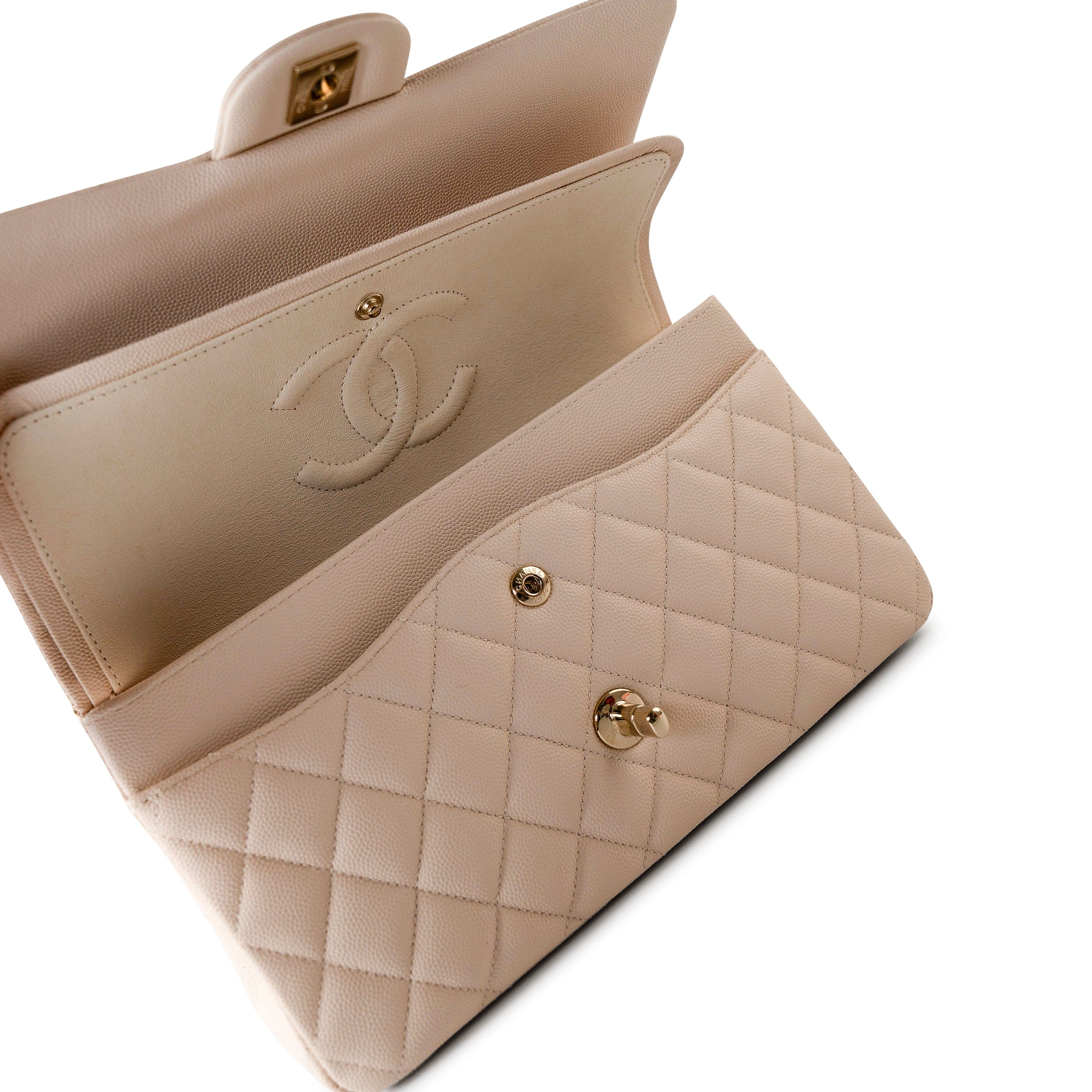 CHANEL Handbag Cream 20C Light Beige Caviar Quilted Classic Flap Medium Light Gold Hardware - Redeluxe