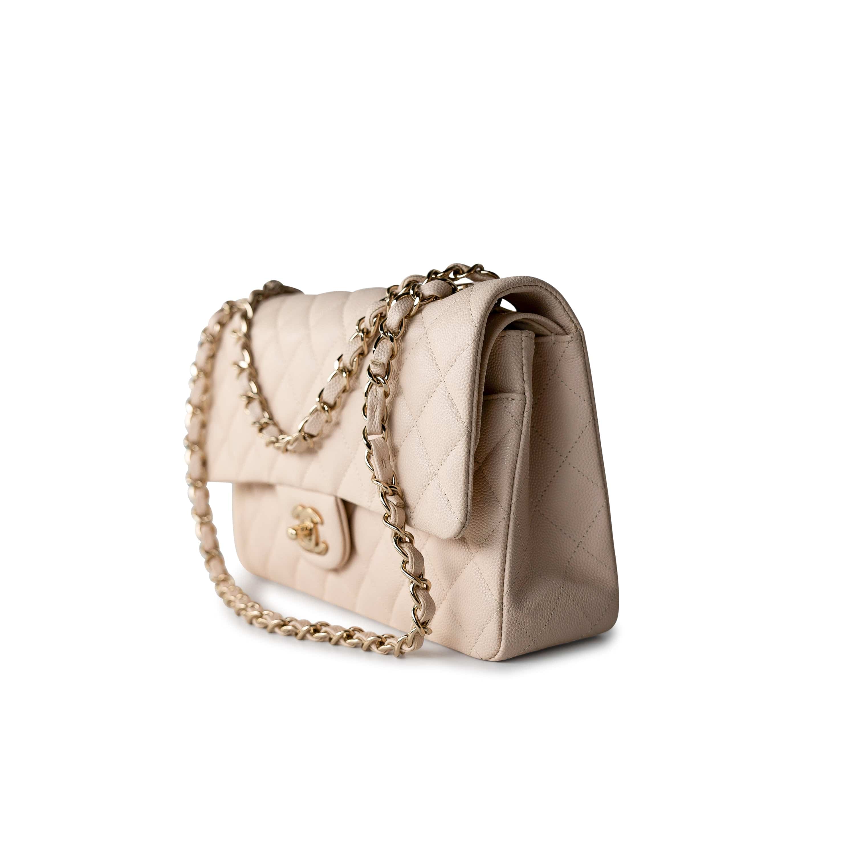 CHANEL Handbag Cream 20C Light Beige Caviar Quilted Classic Flap Medium Light Gold Hardware - Redeluxe