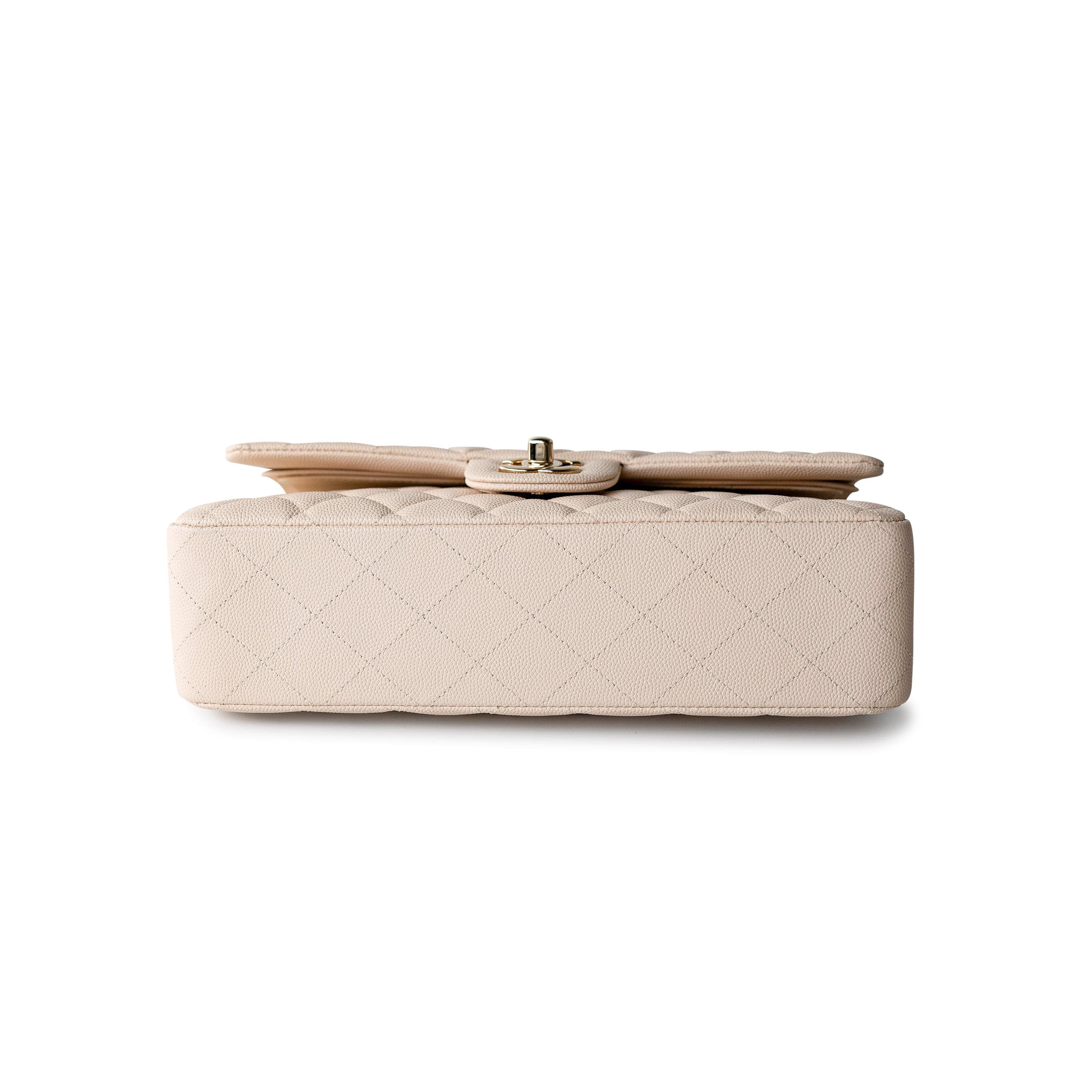 CHANEL Handbag Cream 20C Light Beige Caviar Quilted Classic Flap Medium Light Gold Hardware - Redeluxe