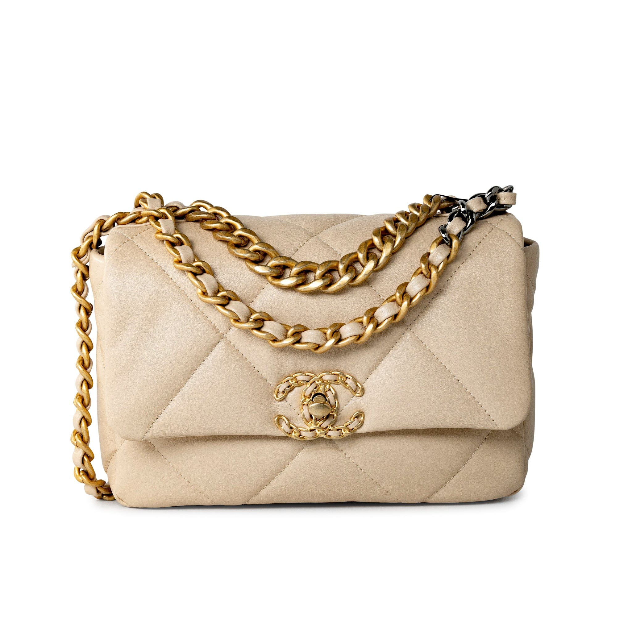 CHANEL Handbag Cream 21B Beige Lambskin Quilted 19 Flap Small Mixed Hardware - Redeluxe