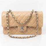 CHANEL Handbag Cream Beige Clair Caviar Quilted Classic Flap Medium Silver Hardware - Redeluxe