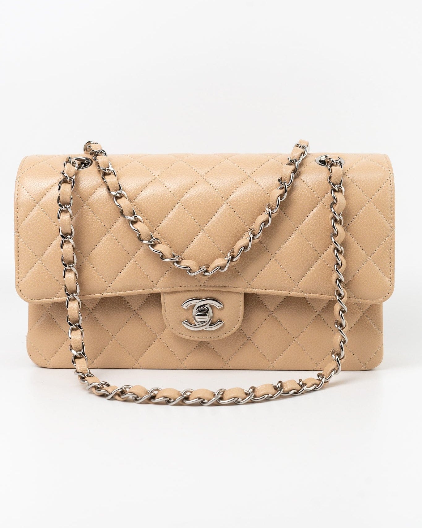 CHANEL Handbag Cream Beige Clair Caviar Quilted Classic Flap Medium Silver Hardware - Redeluxe