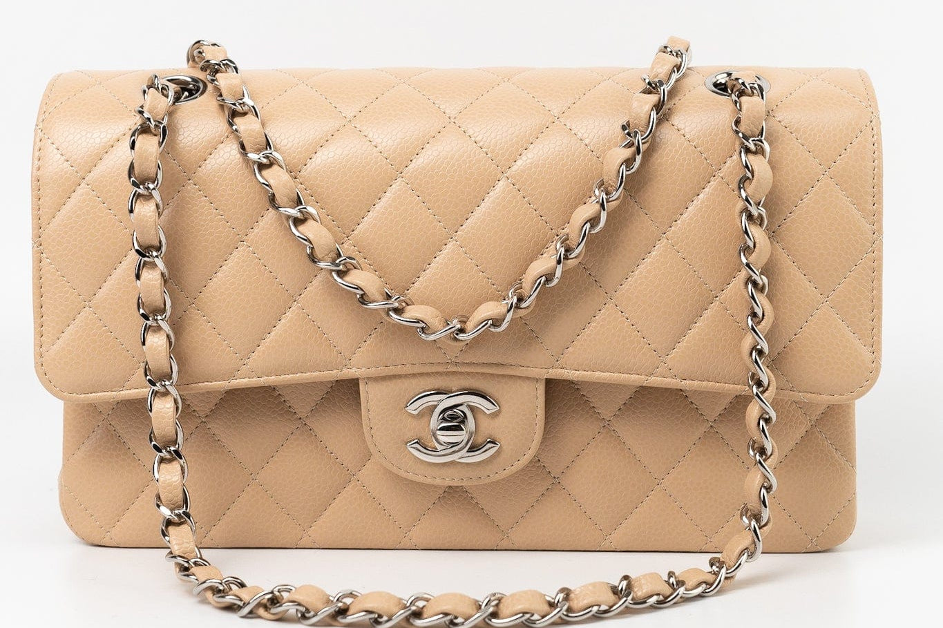 CHANEL Handbag Cream Beige Clair Caviar Quilted Classic Flap Medium Silver Hardware - Redeluxe