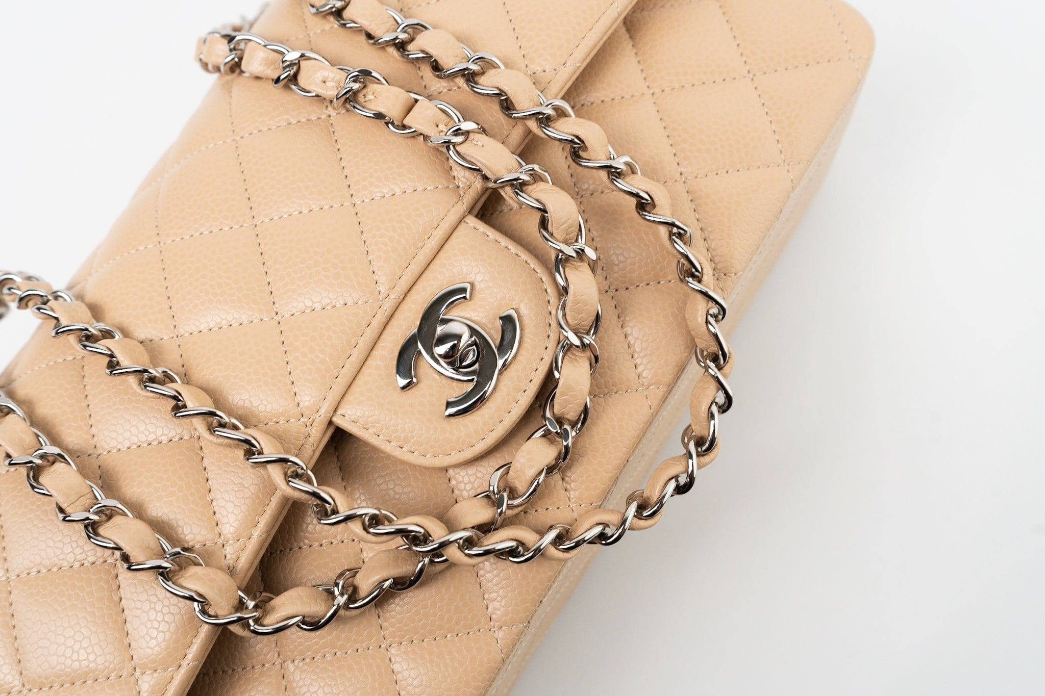 CHANEL Handbag Cream Beige Clair Caviar Quilted Classic Flap Medium Silver Hardware - Redeluxe