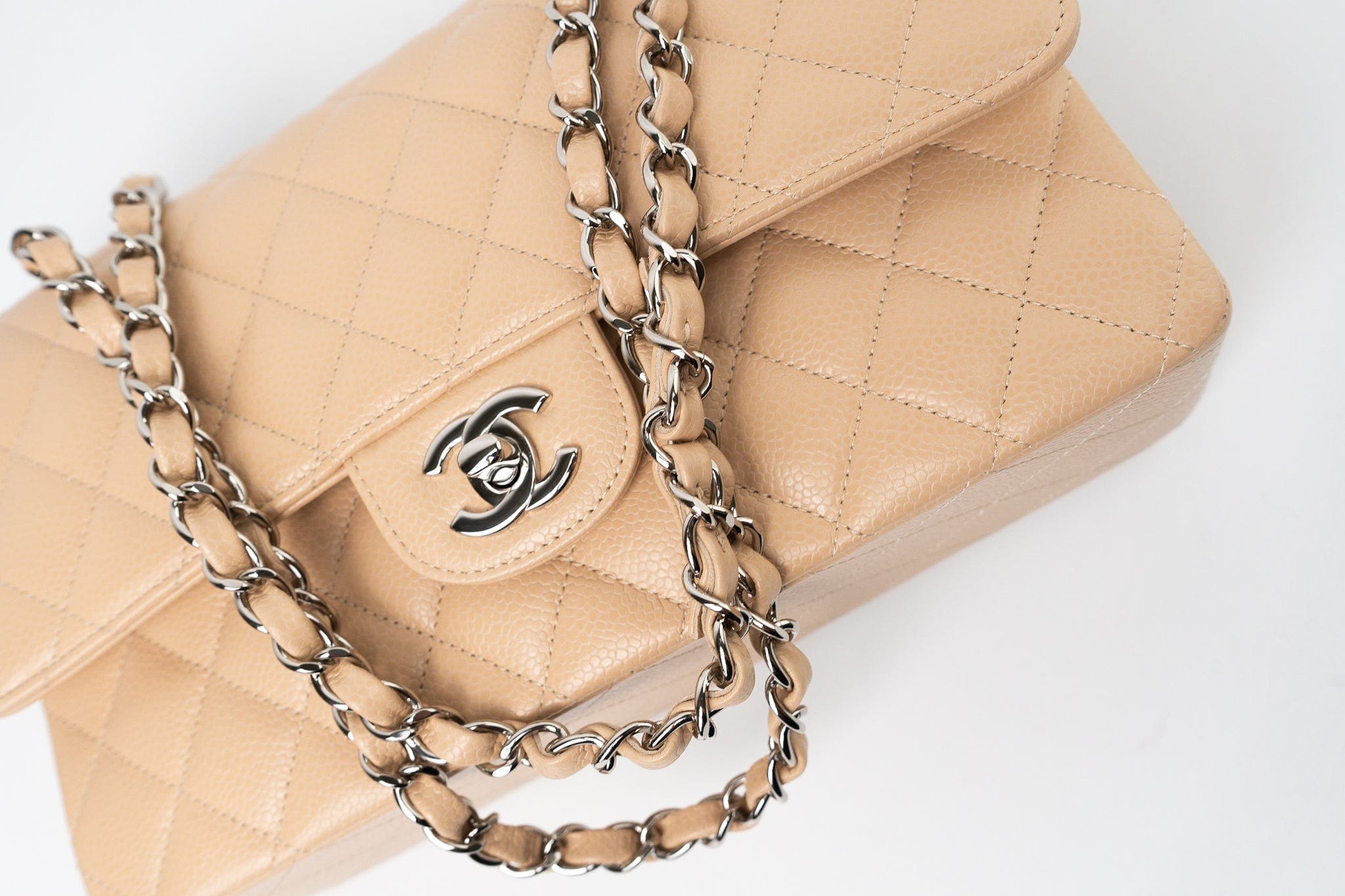 CHANEL Handbag Cream Beige Clair Caviar Quilted Classic Flap Medium Silver Hardware - Redeluxe