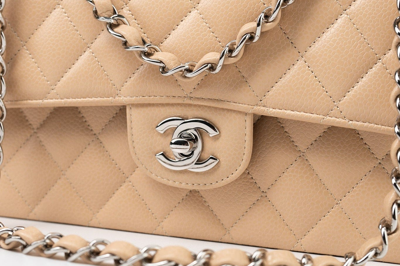 CHANEL Handbag Cream Beige Clair Caviar Quilted Classic Flap Medium Silver Hardware - Redeluxe