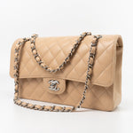 CHANEL Handbag Cream Beige Clair Caviar Quilted Classic Flap Medium Silver Hardware - Redeluxe