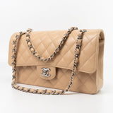 CHANEL Handbag Cream Beige Clair Caviar Quilted Classic Flap Medium Silver Hardware - Redeluxe