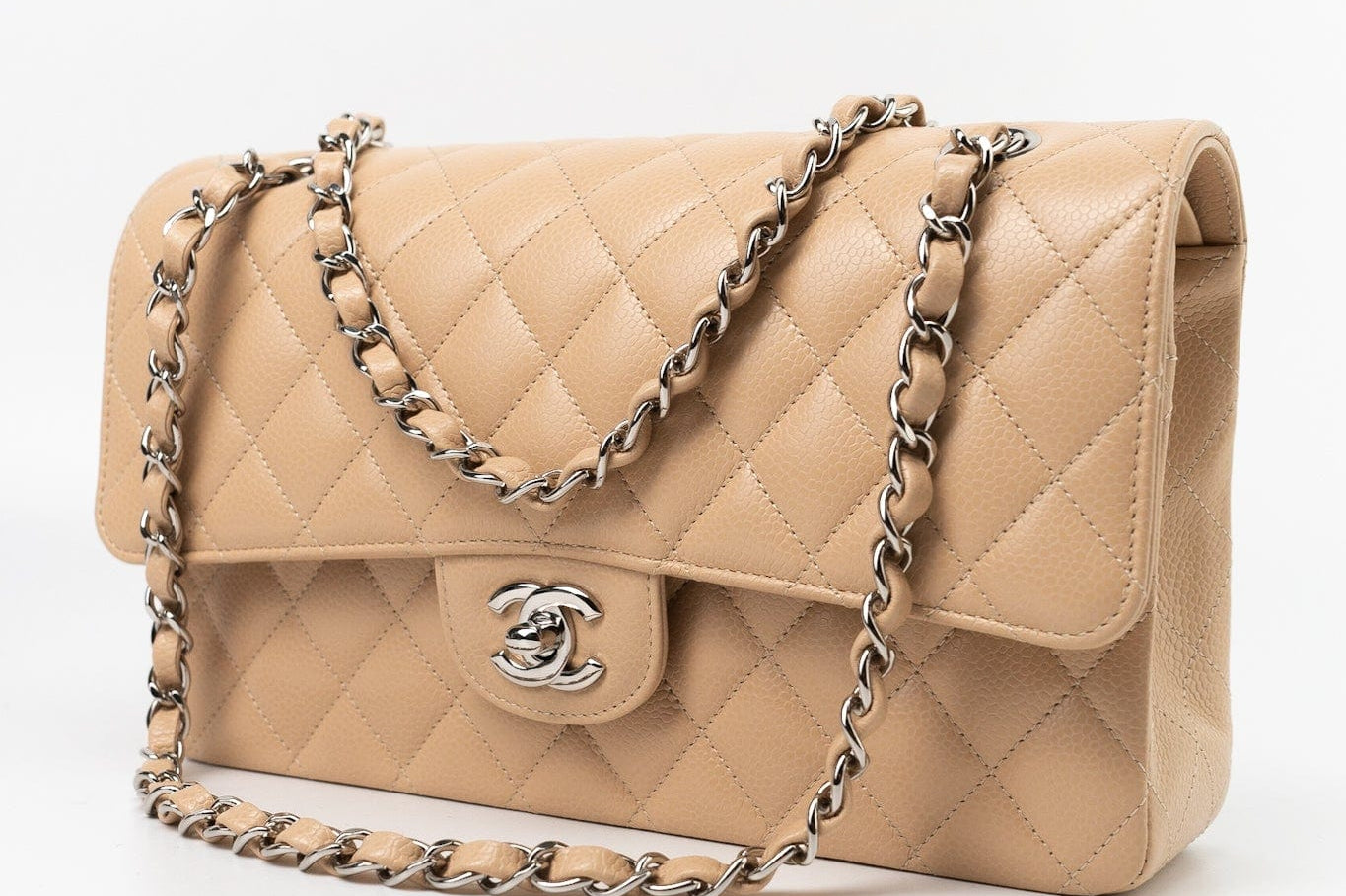 CHANEL Handbag Cream Beige Clair Caviar Quilted Classic Flap Medium Silver Hardware - Redeluxe