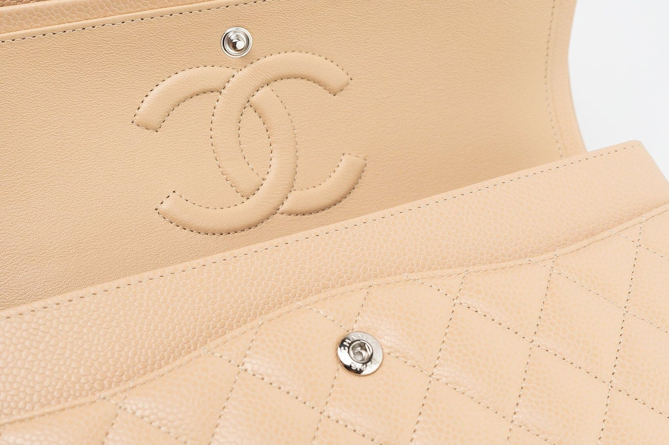 CHANEL Handbag Cream Beige Clair Caviar Quilted Classic Flap Medium Silver Hardware - Redeluxe
