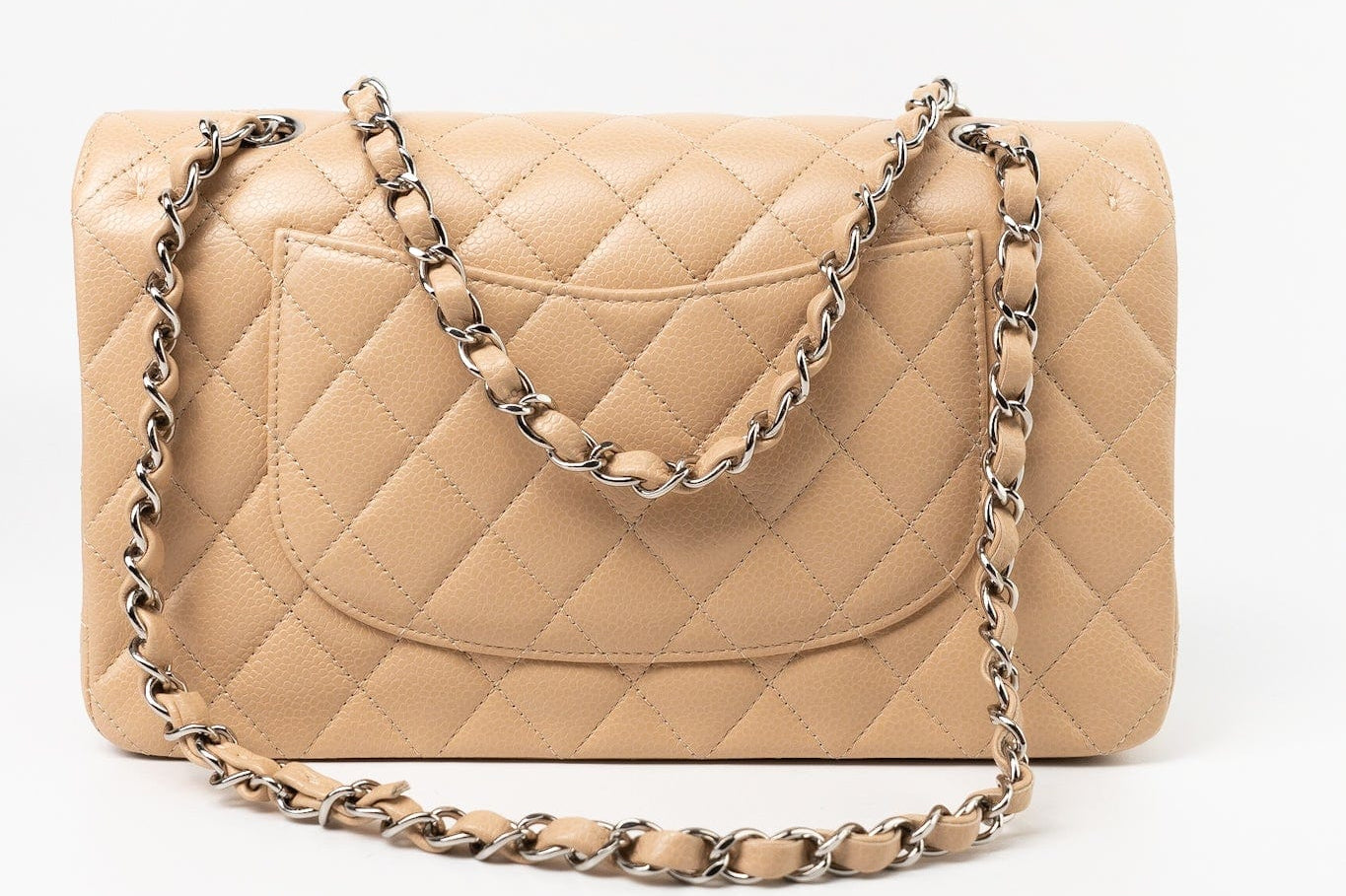 CHANEL Handbag Cream Beige Clair Caviar Quilted Classic Flap Medium Silver Hardware - Redeluxe