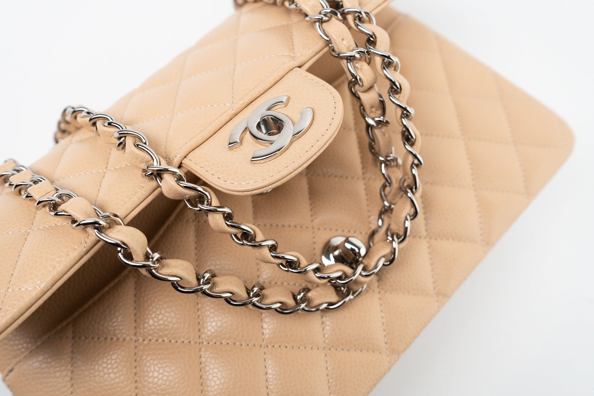 CHANEL Handbag Cream Beige Clair Caviar Quilted Classic Flap Medium Silver Hardware - Redeluxe