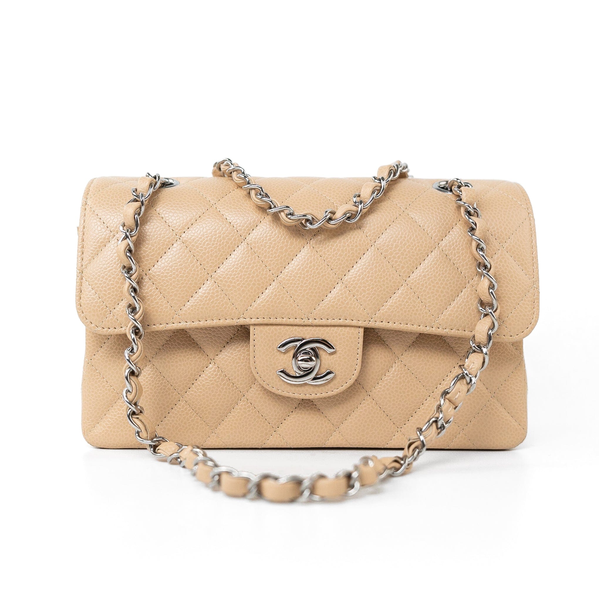 CHANEL Handbag Cream Beige Clair Caviar Quilted Classic Flap Small Silver Hardware - Redeluxe