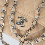 CHANEL Handbag Cream Beige Clair Caviar Quilted Classic Flap Small Silver Hardware - Redeluxe