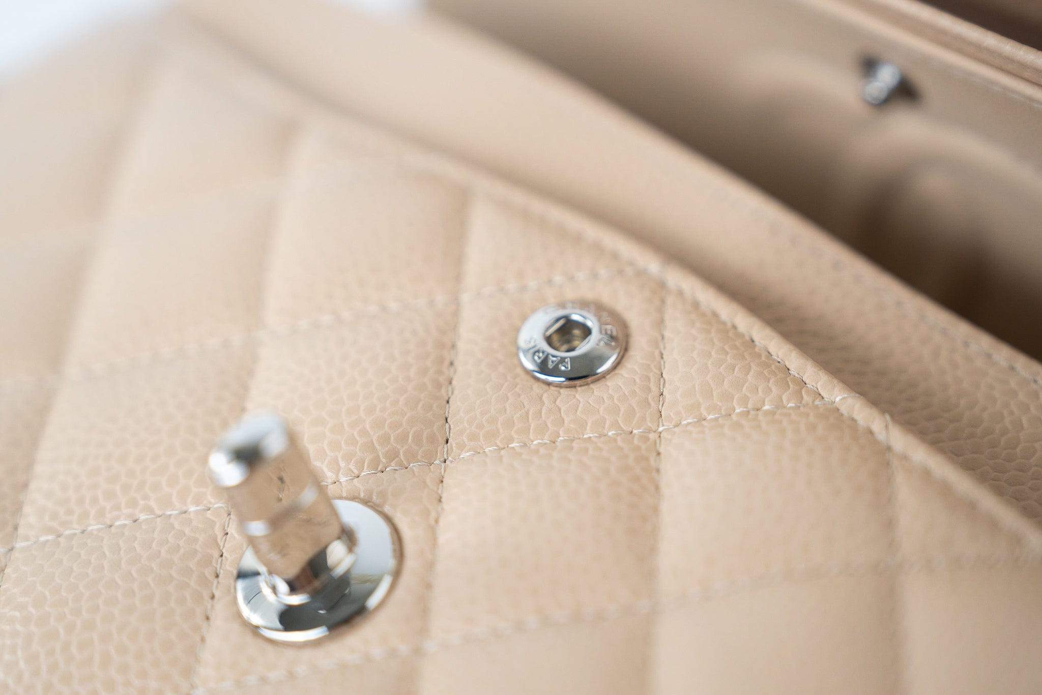 CHANEL Handbag Cream Beige Clair Caviar Quilted Classic Flap Small Silver Hardware - Redeluxe
