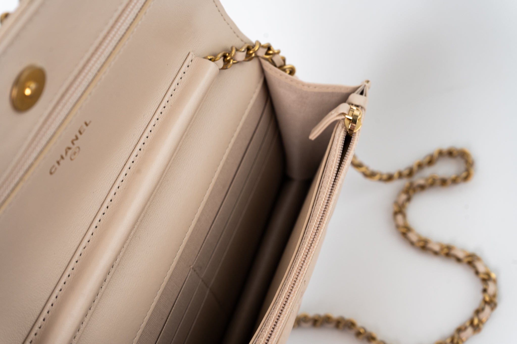 CHANEL Handbag Cream Nude/ Ecru Lambskin Quilted Chain Around Wallet On Chain WOC Aged Gold Hardware - Redeluxe