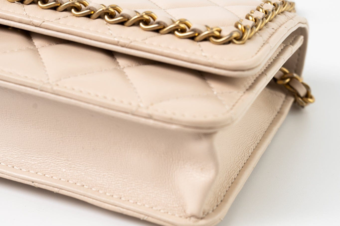 CHANEL Handbag Cream Nude/ Ecru Lambskin Quilted Chain Around Wallet On Chain WOC Aged Gold Hardware - Redeluxe