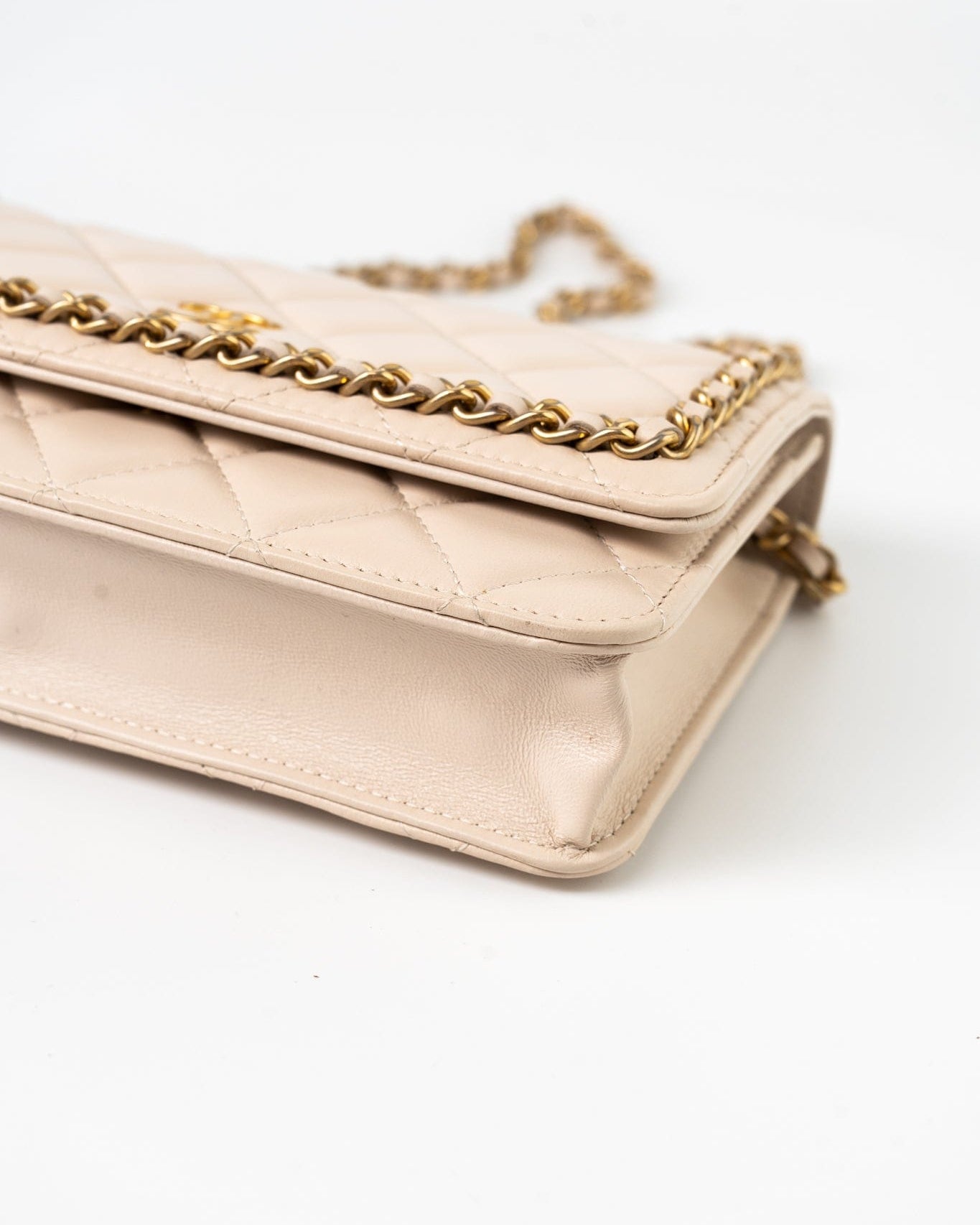 CHANEL Handbag Cream Nude/ Ecru Lambskin Quilted Chain Around Wallet On Chain WOC Aged Gold Hardware - Redeluxe