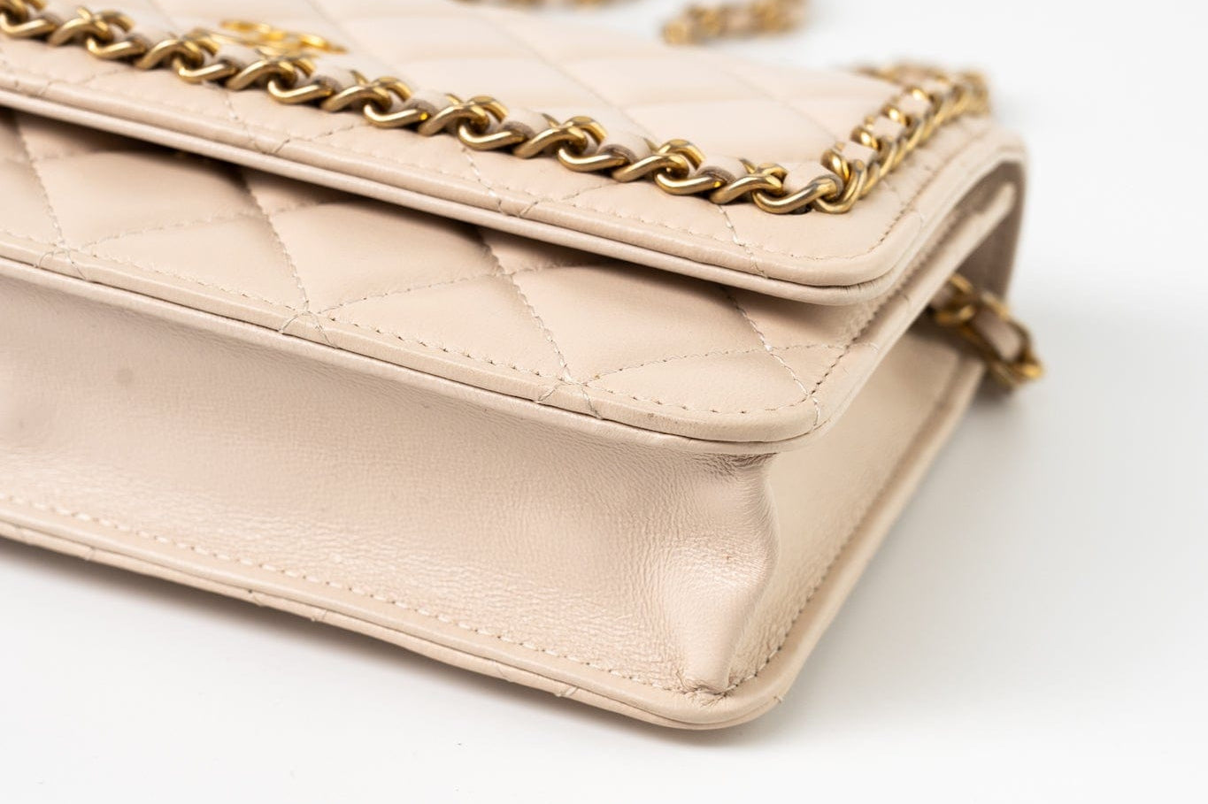 CHANEL Handbag Cream Nude/ Ecru Lambskin Quilted Chain Around Wallet On Chain WOC Aged Gold Hardware - Redeluxe