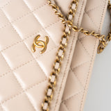 CHANEL Handbag Cream Nude/ Ecru Lambskin Quilted Chain Around Wallet On Chain WOC Aged Gold Hardware - Redeluxe