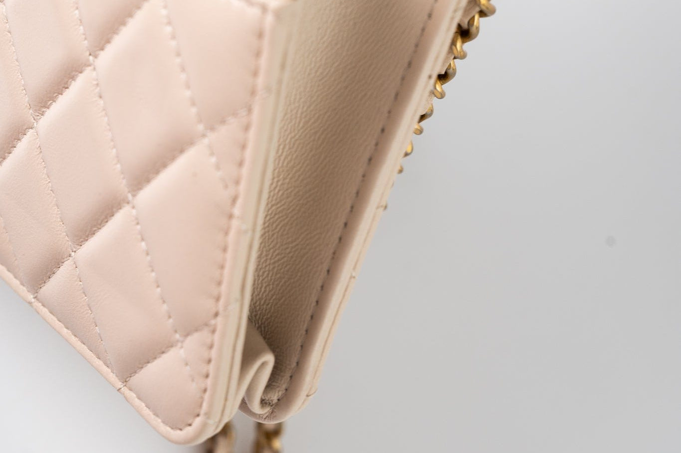 CHANEL Handbag Cream Nude/ Ecru Lambskin Quilted Chain Around Wallet On Chain WOC Aged Gold Hardware - Redeluxe