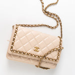 CHANEL Handbag Cream Nude/ Ecru Lambskin Quilted Chain Around Wallet On Chain WOC Aged Gold Hardware - Redeluxe
