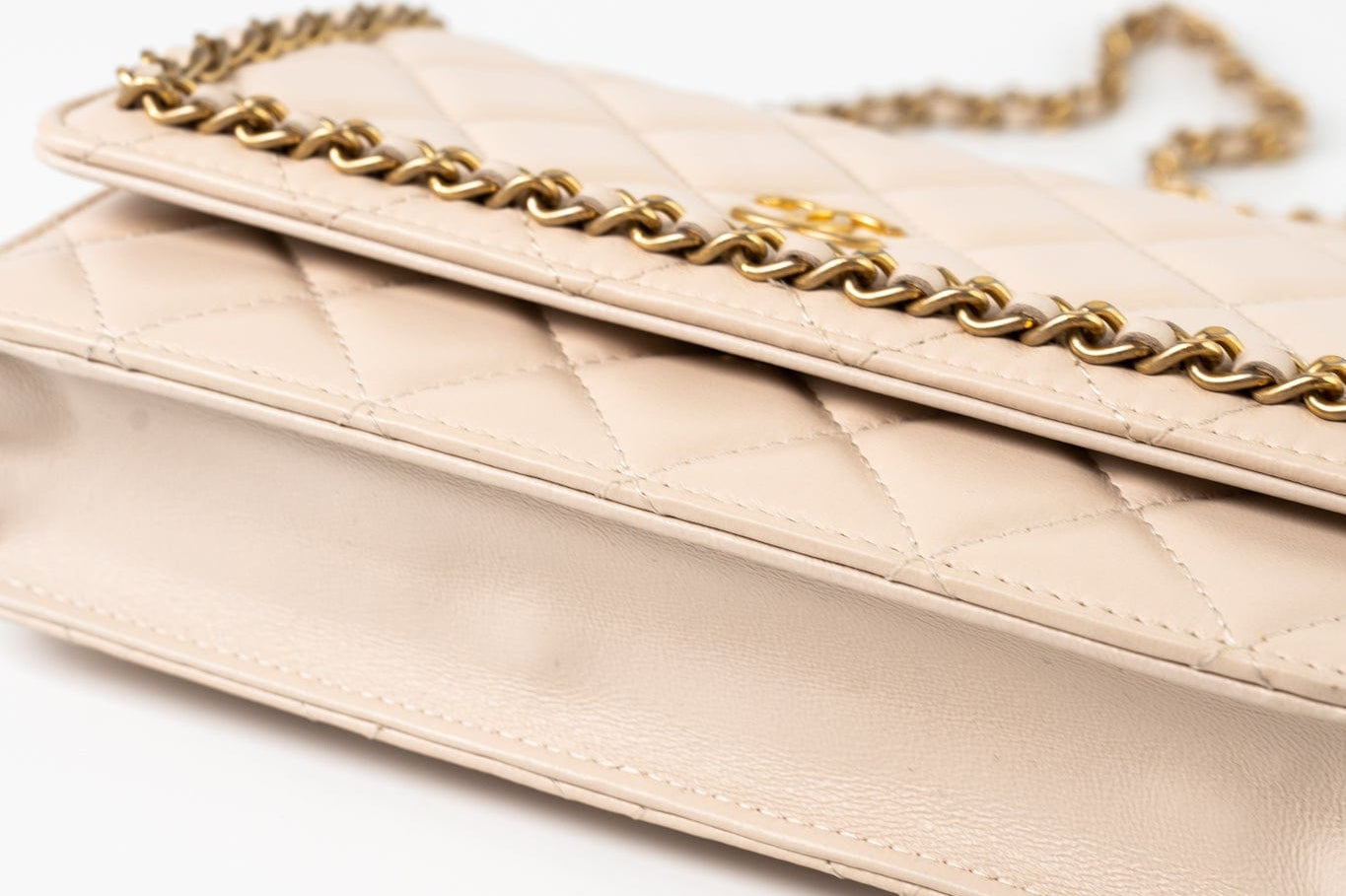 CHANEL Handbag Cream Nude/ Ecru Lambskin Quilted Chain Around Wallet On Chain WOC Aged Gold Hardware - Redeluxe