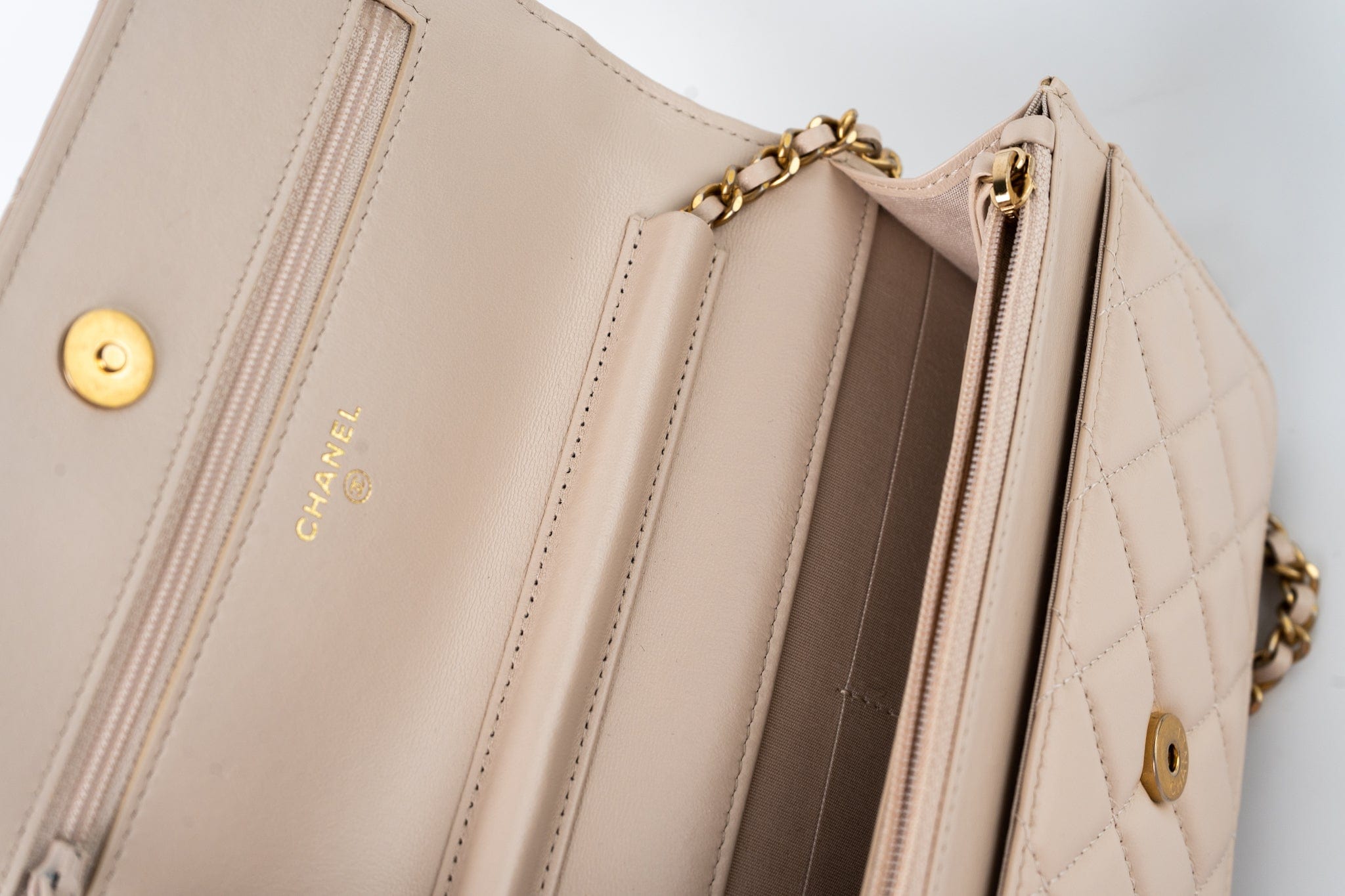 CHANEL Handbag Cream Nude/ Ecru Lambskin Quilted Chain Around Wallet On Chain WOC Aged Gold Hardware - Redeluxe
