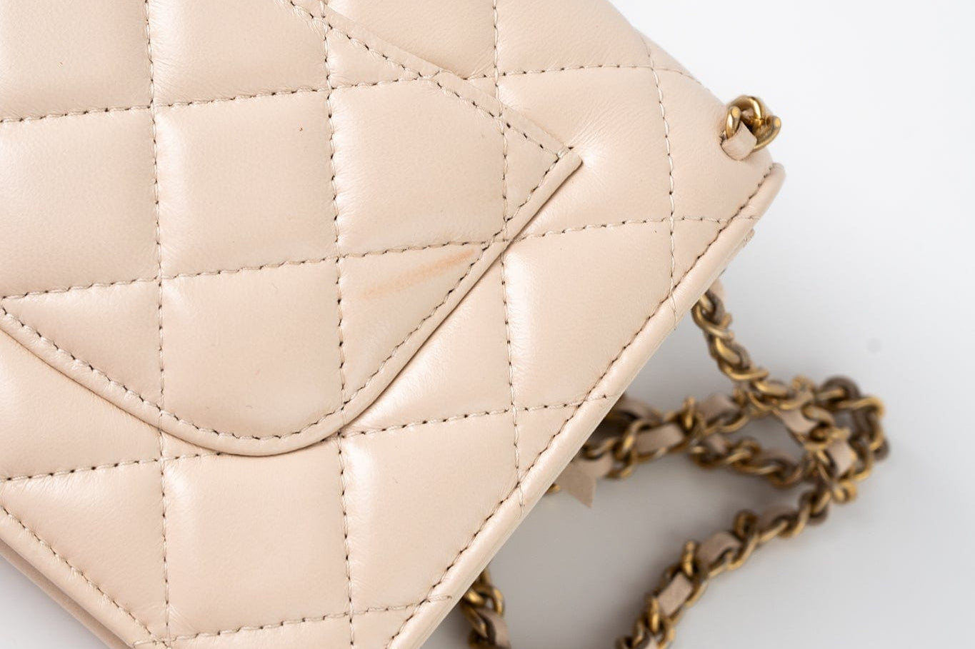 CHANEL Handbag Cream Nude/ Ecru Lambskin Quilted Chain Around Wallet On Chain WOC Aged Gold Hardware - Redeluxe