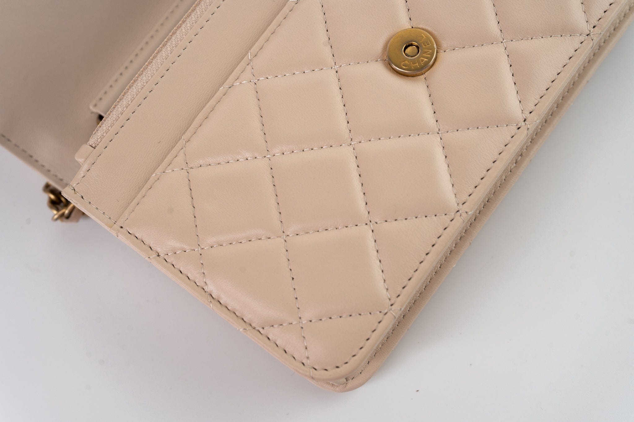CHANEL Handbag Cream Nude/ Ecru Lambskin Quilted Chain Around Wallet On Chain WOC Aged Gold Hardware - Redeluxe