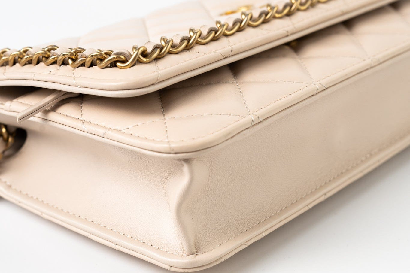 CHANEL Handbag Cream Nude/ Ecru Lambskin Quilted Chain Around Wallet On Chain WOC Aged Gold Hardware - Redeluxe