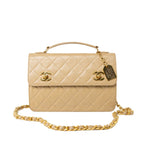 CHANEL Handbag Cream Vintage Beige Double Turnlock Single Flap Briefcase Bag Gold Hardware - Redeluxe