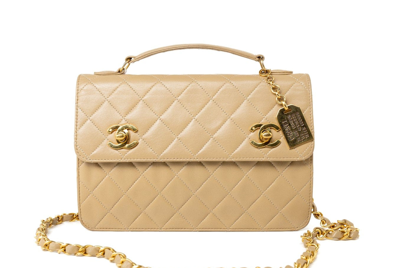 CHANEL Handbag Cream Vintage Beige Double Turnlock Single Flap Briefcase Bag Gold Hardware - Redeluxe