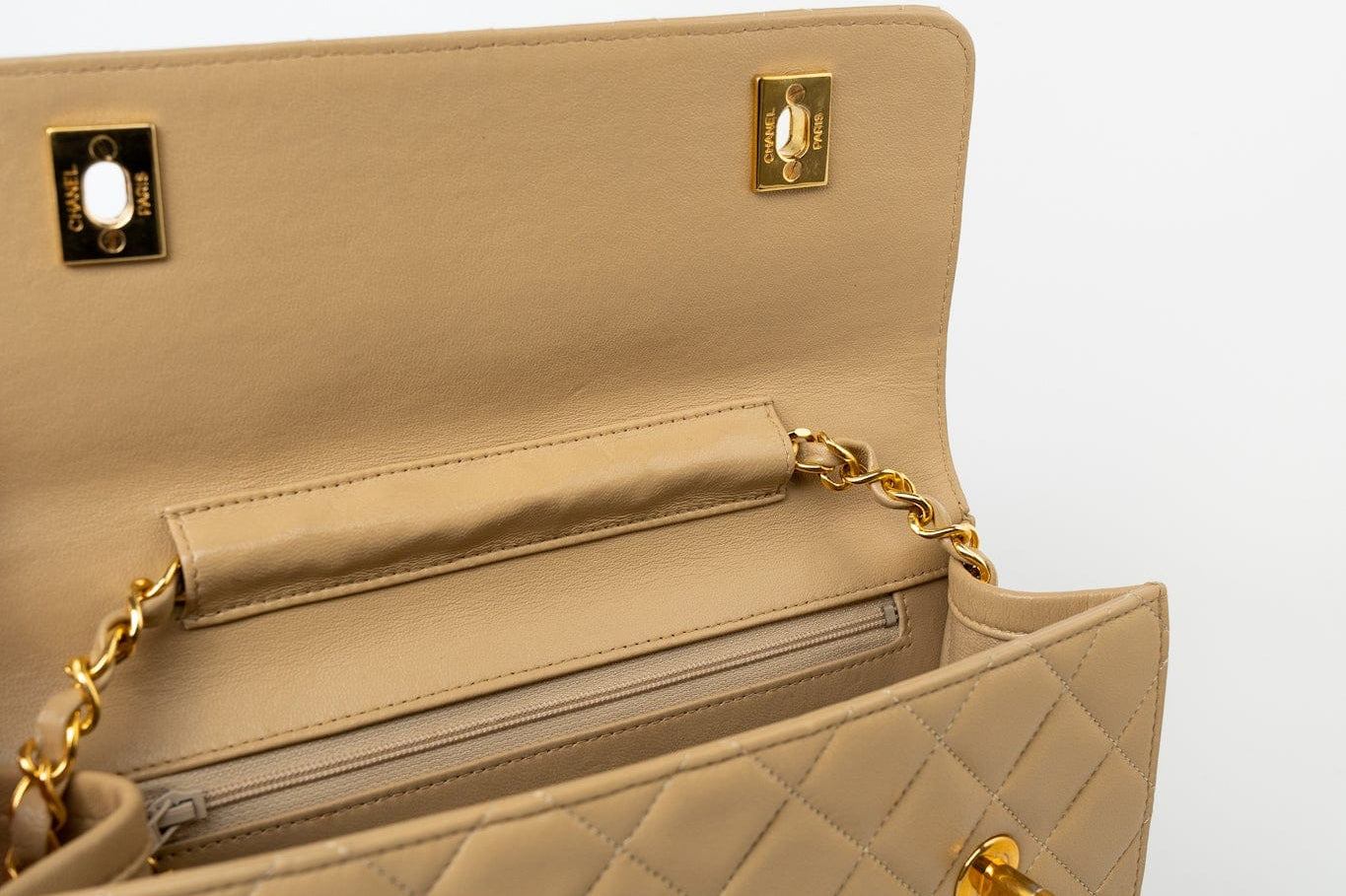 CHANEL Handbag Cream Vintage Beige Double Turnlock Single Flap Briefcase Bag Gold Hardware - Redeluxe