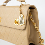 CHANEL Handbag Cream Vintage Beige Double Turnlock Single Flap Briefcase Bag Gold Hardware - Redeluxe