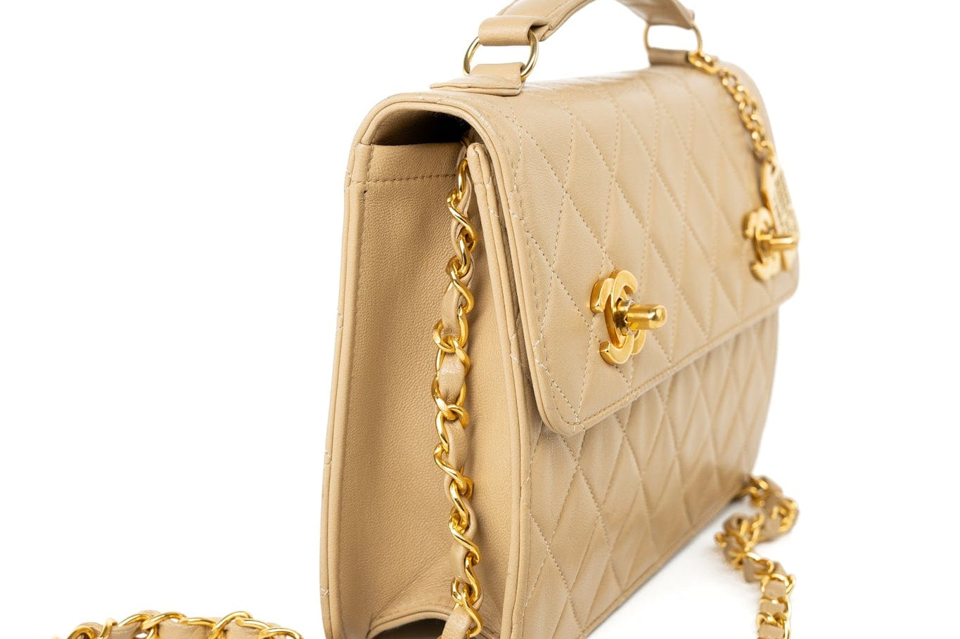 CHANEL Handbag Cream Vintage Beige Double Turnlock Single Flap Briefcase Bag Gold Hardware - Redeluxe