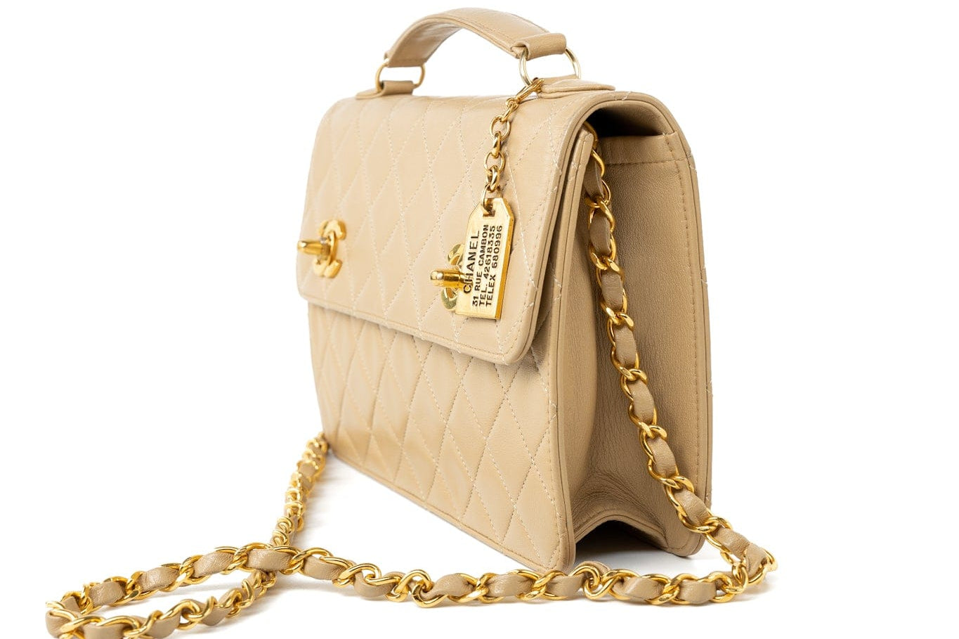 CHANEL Handbag Cream Vintage Beige Double Turnlock Single Flap Briefcase Bag Gold Hardware - Redeluxe