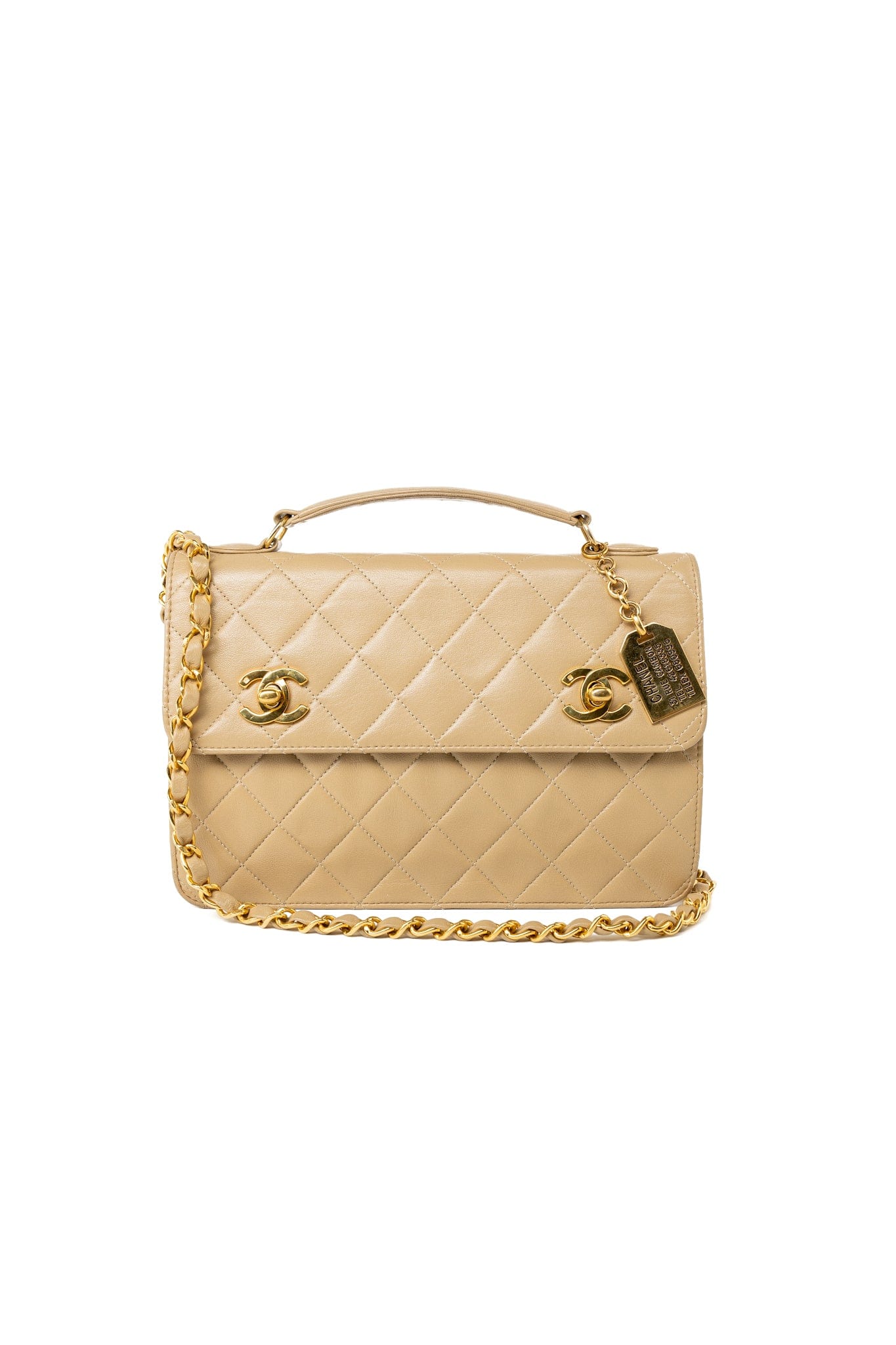 Vintage Beige Double Turnlock Single Flap Briefcase Bag Gold Vintage Beige Double Turnlock Single Flap Briefcase Bag Gold