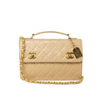 CHANEL Handbag Cream Vintage Beige Double Turnlock Single Flap Briefcase Bag Gold Hardware - Redeluxe