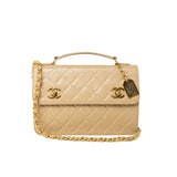 CHANEL Handbag Cream Vintage Beige Double Turnlock Single Flap Briefcase Bag Gold Hardware - Redeluxe